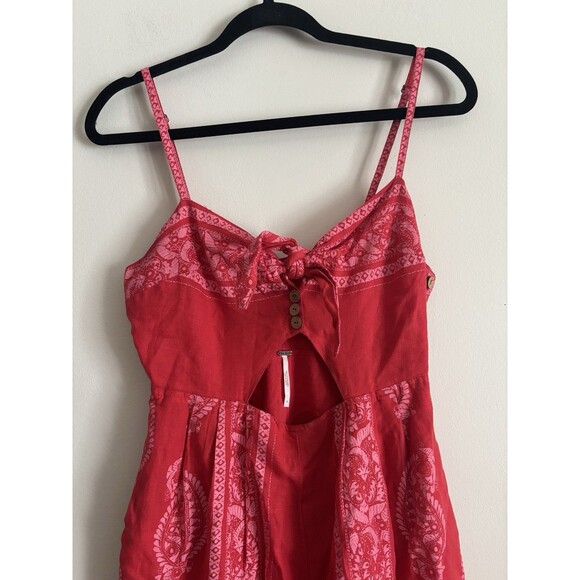 Free People Feel the‎ Sun Jumpsuit Romper Womens 6 Small Red Linen Boho Festival - Picture 3 of 7